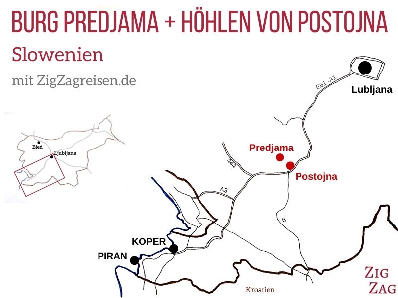 Karte - Strandorte Höhlen von Postojna in Slowenien