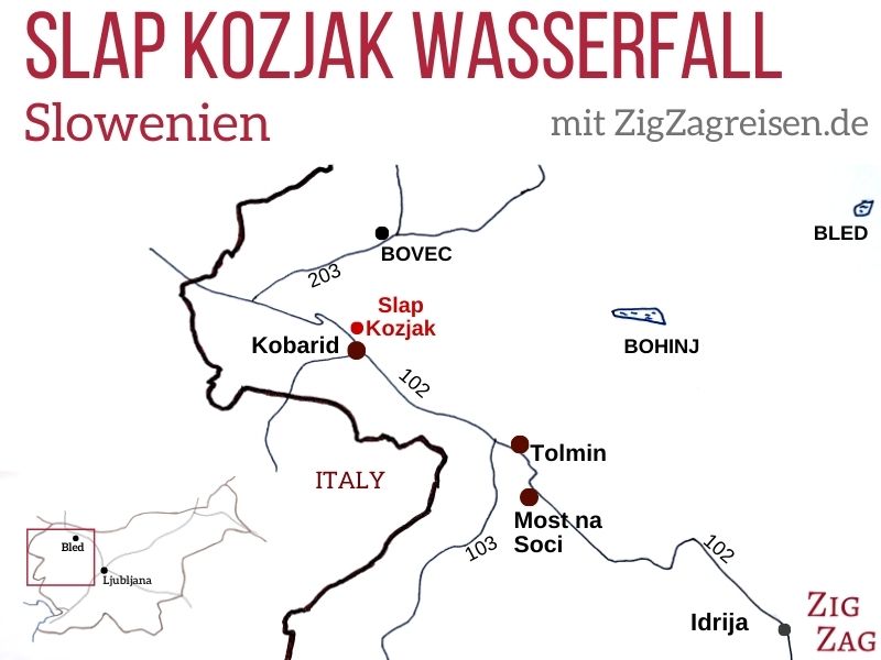 Karte Slap Kozjak Wasserfall Slowenien