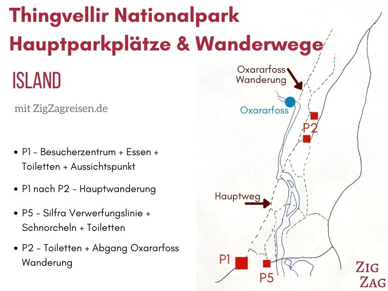 Thingvellir Parkplatz Wanderwege Karte Oxarafoss
