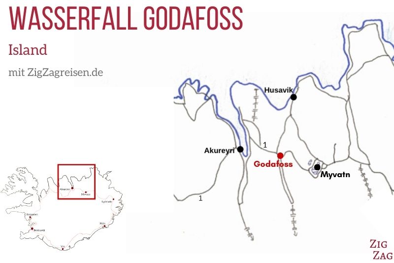 Karte Godafoss Wasserfall Island
