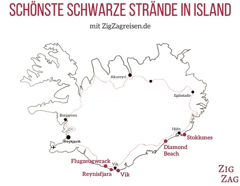 Schönste schwarze Strände in Island Karte