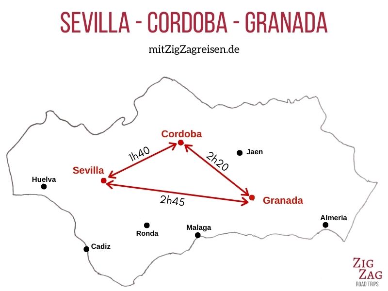 Sevilla Cordoba Granada Andalusien Karte