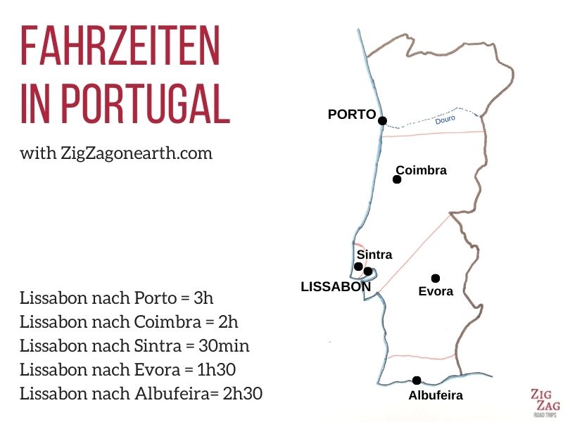Fahrzeiten in Portugal Karte Stadte