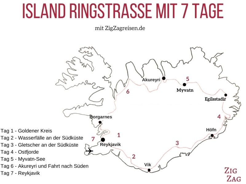 Karte Island Ringstraße Reiseroute 7 Tage Rundreise