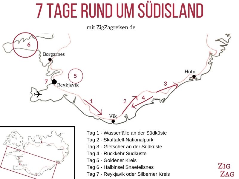 Karte Island Roadtrip 7 Tage Reiseroute Sud
