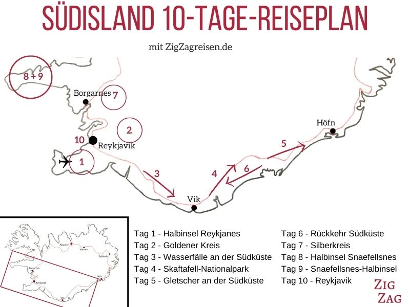 Karte Sud Island 10-Tage Reiseplan Roadtrip