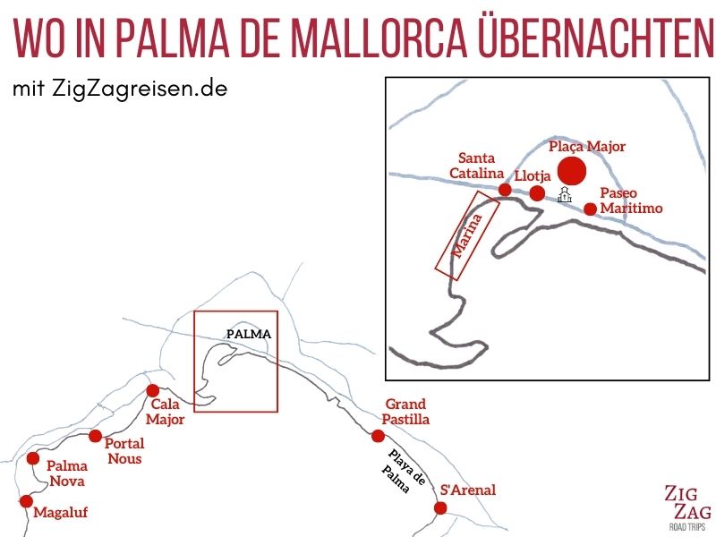 Karte beste Gegenden Palma Mallorca ubernachten Untekunft