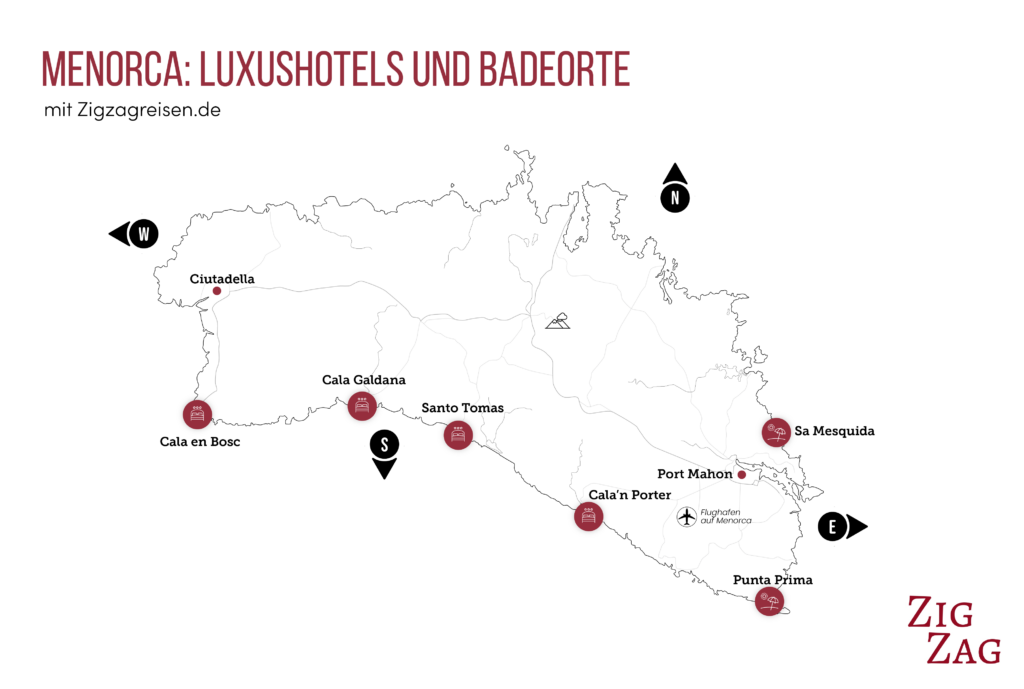 karte: menorca-Luxushotels und Badeorte